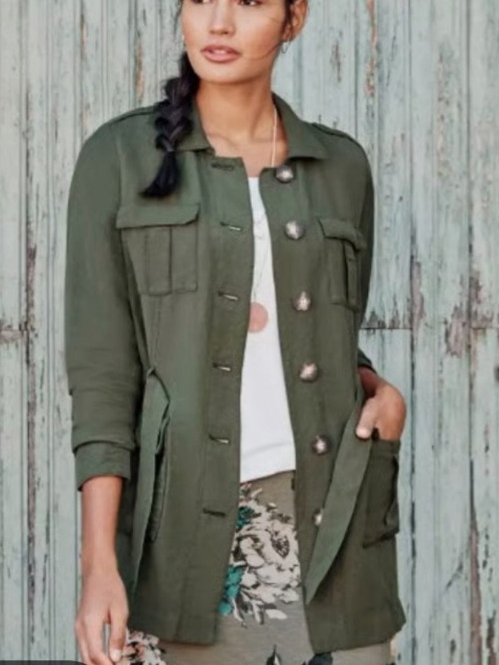 J. JILL UTILITY JACKET ARMY GREEN MILITARY SAFARI BUTTON UP LINEN BLEND SZ LG - Picture 2 of 13